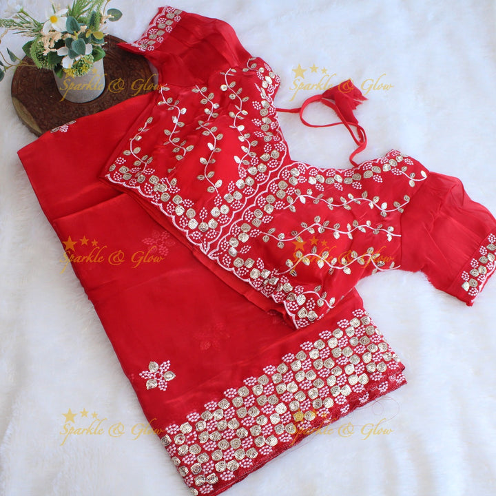 Gorgeous floral and leaf design organza saree with readymade blouse - Red