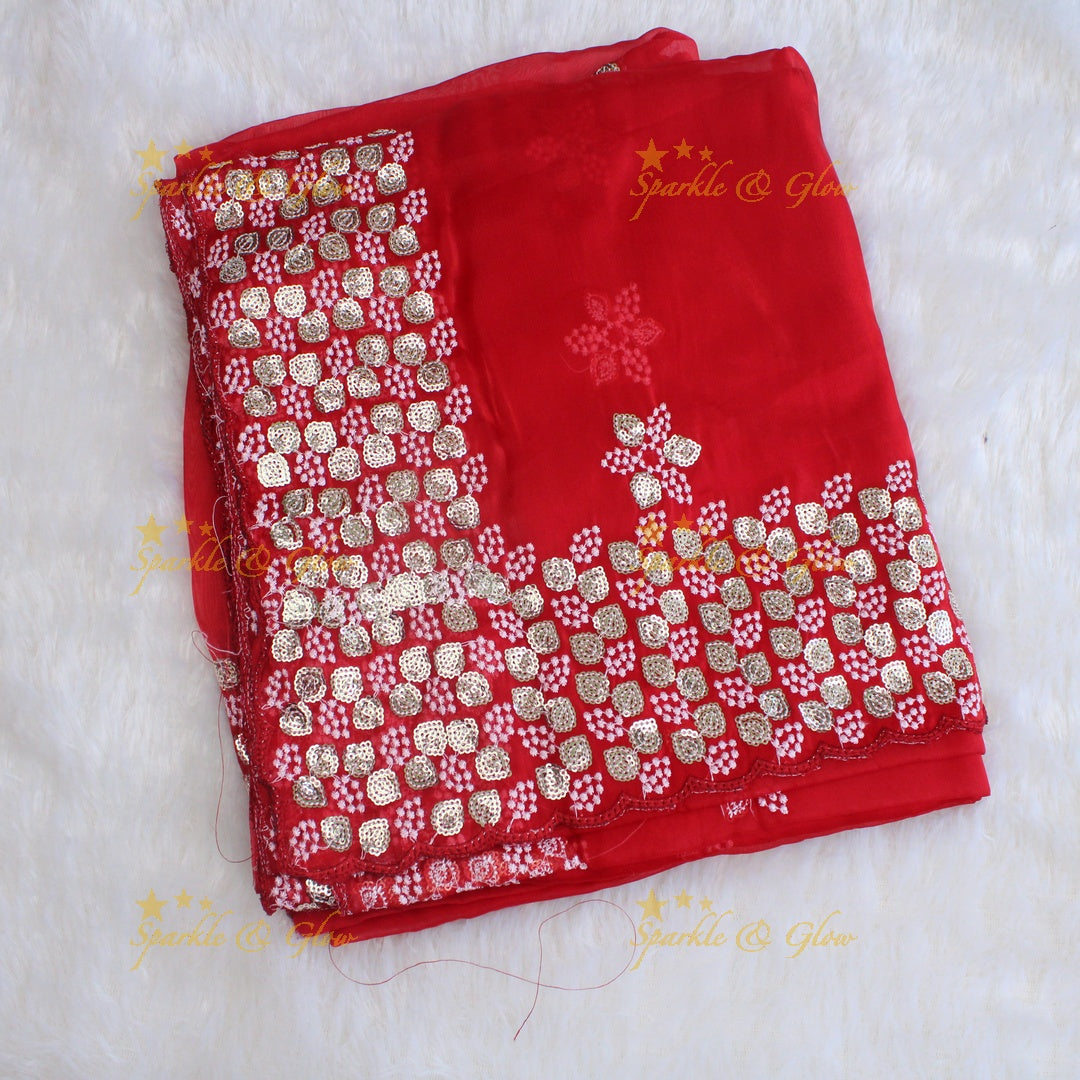 Gorgeous floral and leaf design organza saree with readymade blouse - Red