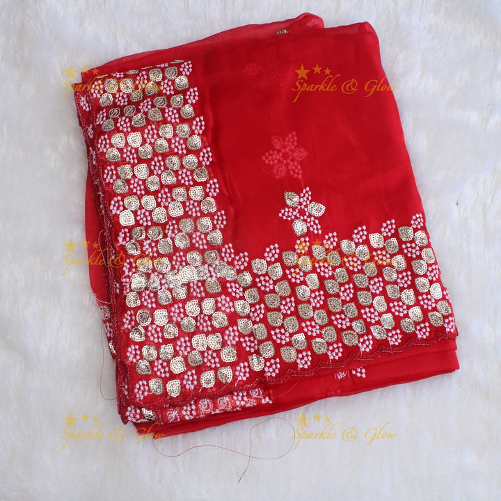 Gorgeous floral and leaf design organza saree with readymade blouse - Red