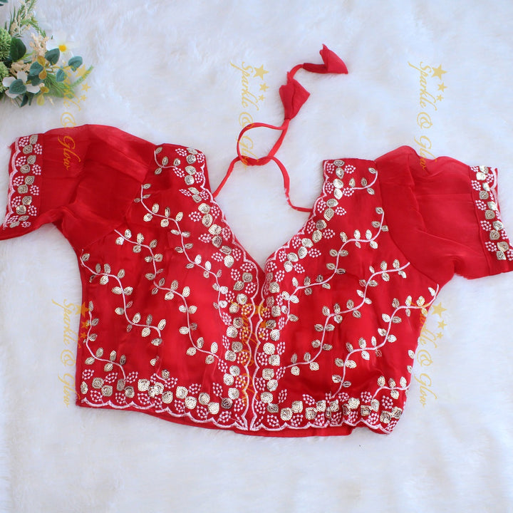 Gorgeous floral and leaf design organza saree with readymade blouse - Red