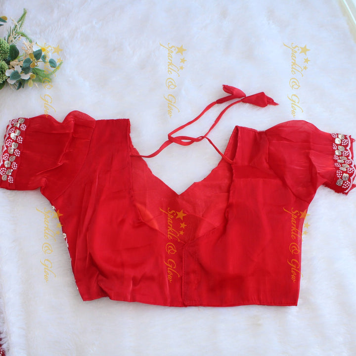Gorgeous floral and leaf design organza saree with readymade blouse - Red