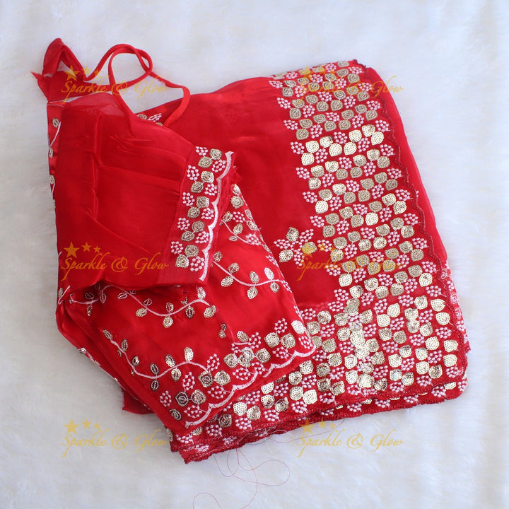 Gorgeous floral and leaf design organza saree with readymade blouse - Red