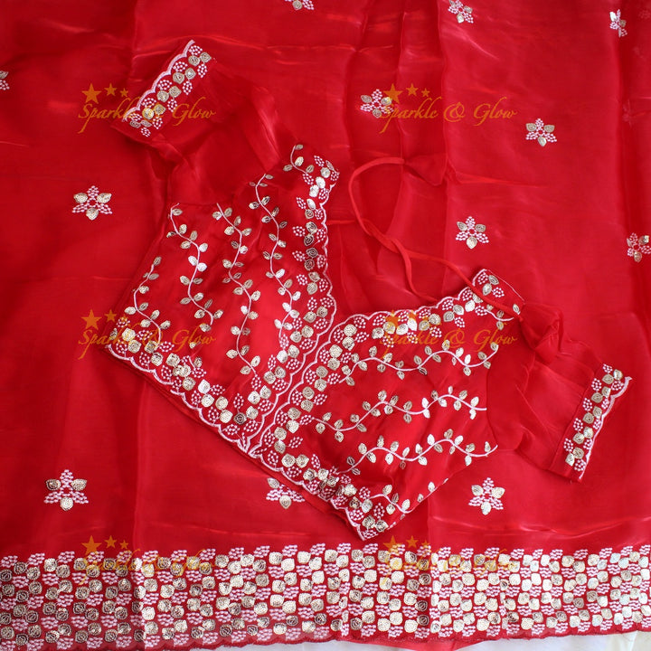 Gorgeous floral and leaf design organza saree with readymade blouse - Red