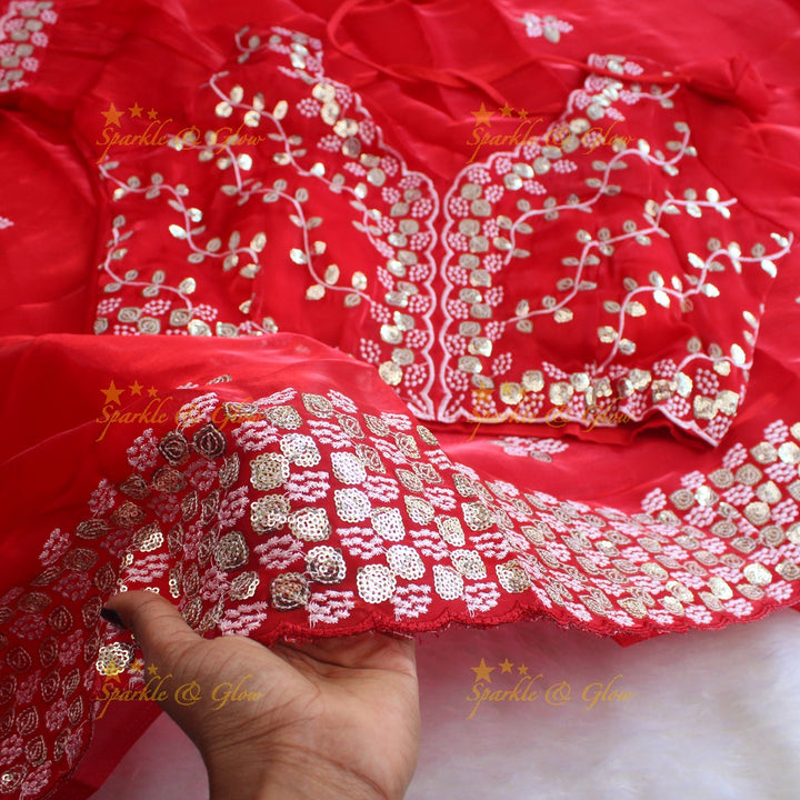 Gorgeous floral and leaf design organza saree with readymade blouse - Red