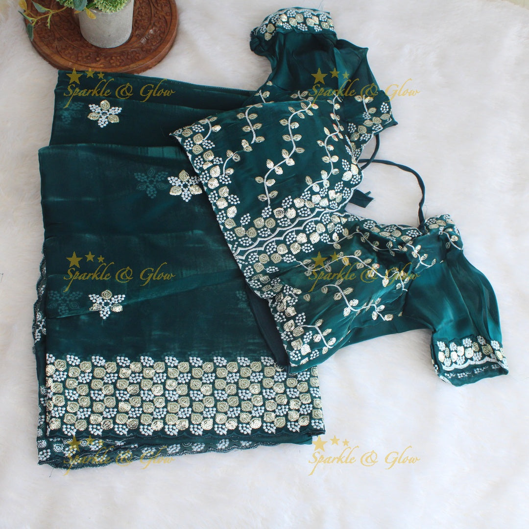 Gorgeous floral and leaf design organza saree with readymade blouse - Red