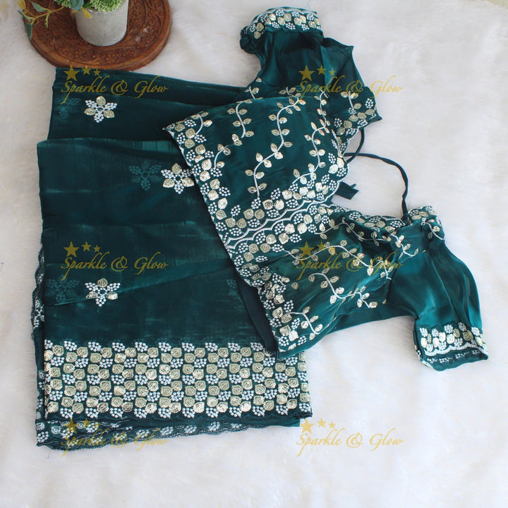 Gorgeous floral and leaf design organza saree with readymade blouse - Red
