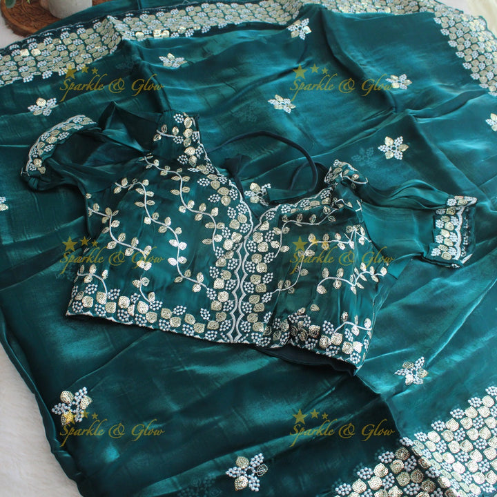 Gorgeous floral and leaf design organza saree with readymade blouse - Red