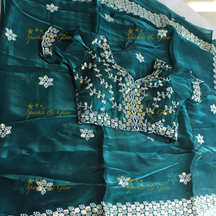Gorgeous floral and leaf design organza saree with readymade blouse - Red