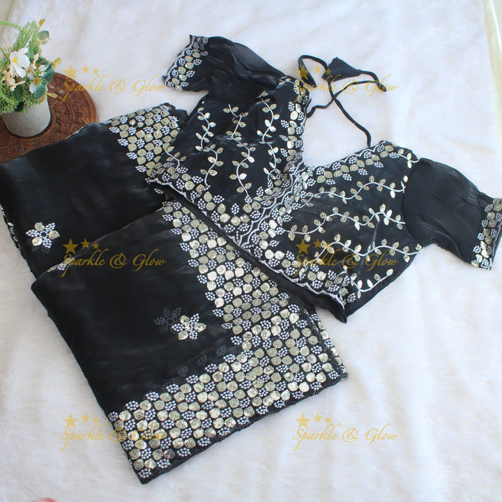 Gorgeous floral and leaf design organza saree with readymade blouse - Red
