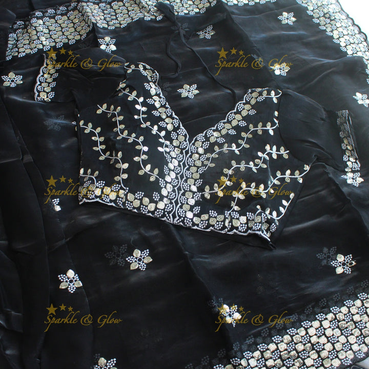 Gorgeous floral and leaf design organza saree with readymade blouse - Red