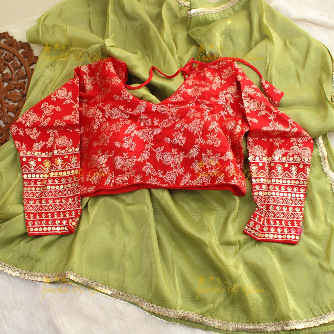 Simple plain pista green tissue organza saree with lace and grand readymade blouse