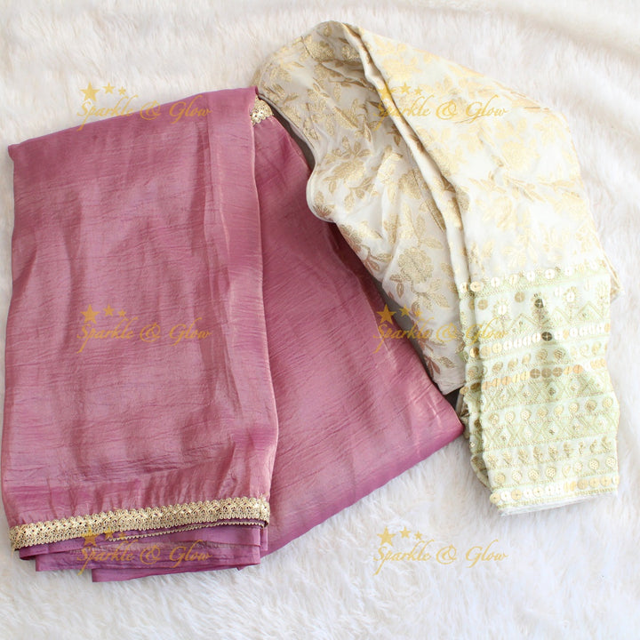 Simple plain tissue organza saree with lace and grand readymade blouse - Pink and white