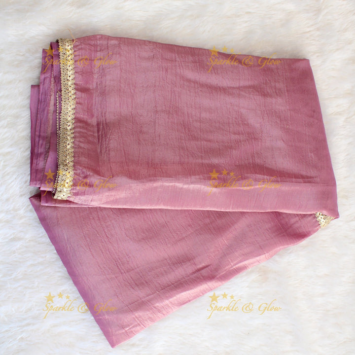 Simple plain tissue organza saree with lace and grand readymade blouse - Pink and white