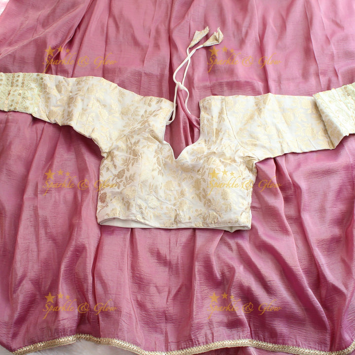 Simple plain tissue organza saree with lace and grand readymade blouse - Pink and white