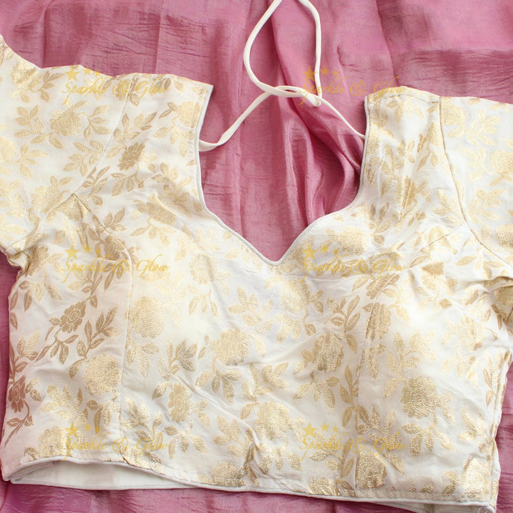 Simple plain tissue organza saree with lace and grand readymade blouse - Pink and white