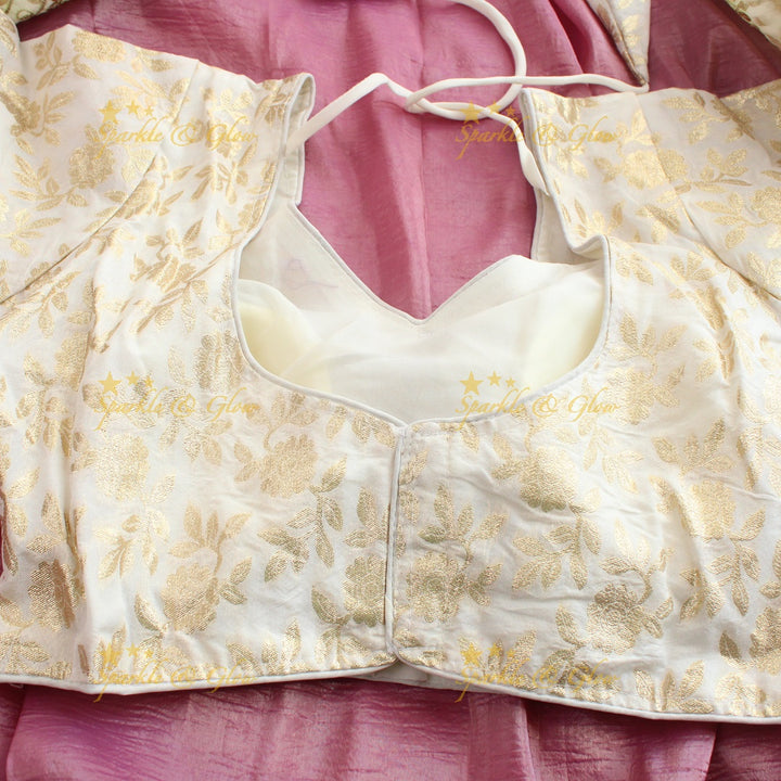 Simple plain tissue organza saree with lace and grand readymade blouse - Pink and white