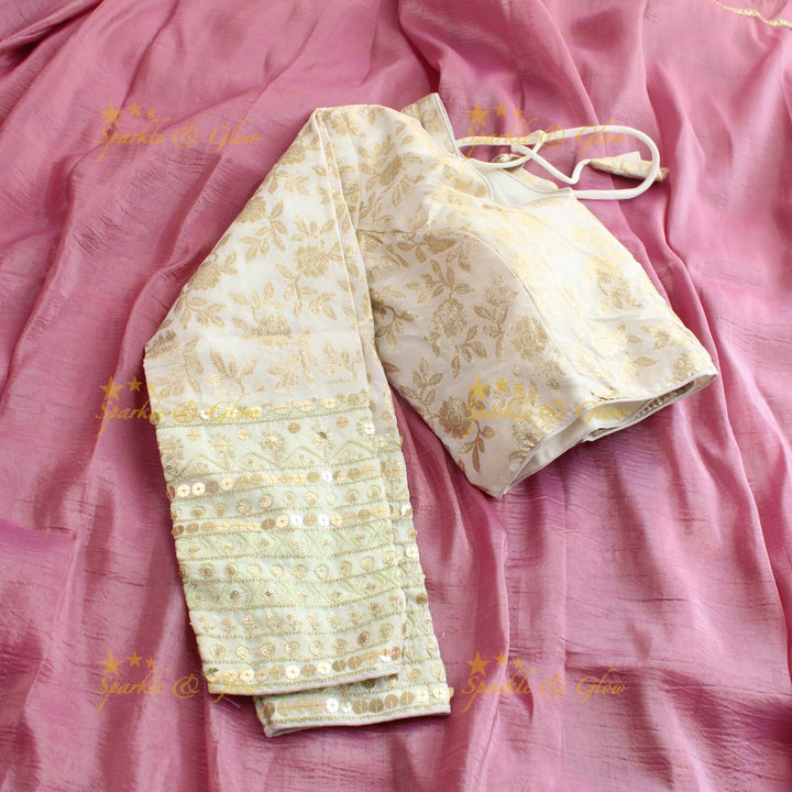 Simple plain tissue organza saree with lace and grand readymade blouse - Pink and white
