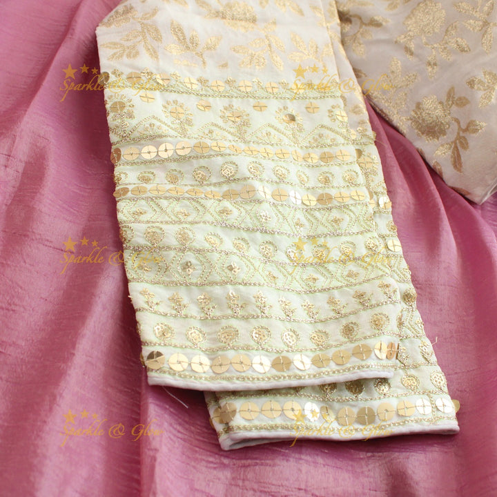 Simple plain tissue organza saree with lace and grand readymade blouse - Pink and white