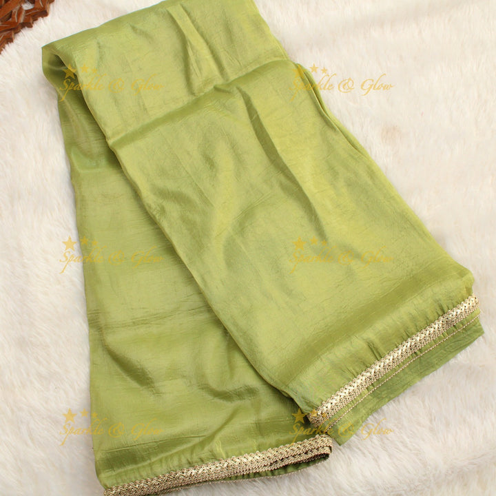 Simple plain tissue organza saree with lace and grand readymade blouse - Pink and white