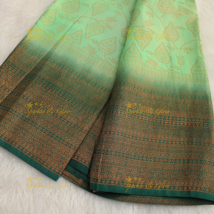 Pretty leaf printed light green with dark green border kubera pattu soft silk saree - Light green