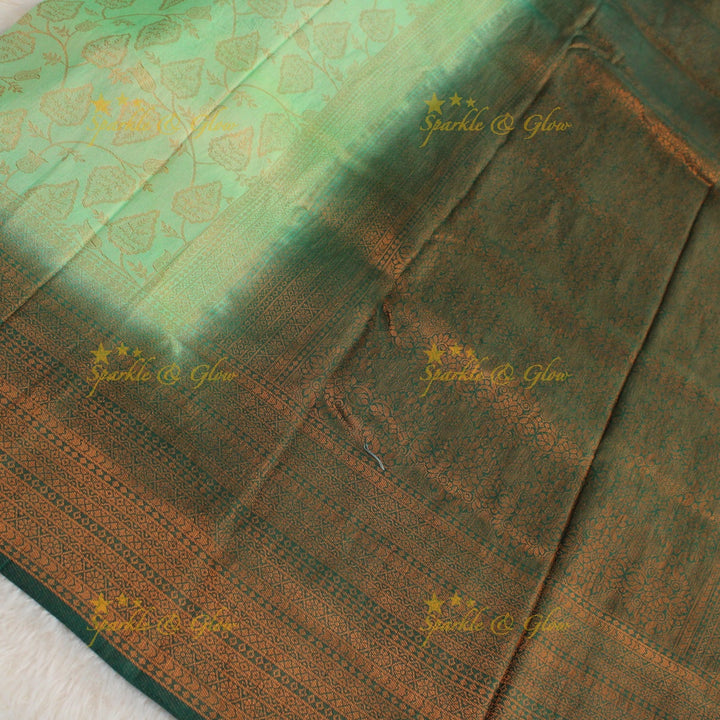 Pretty leaf printed light green with dark green border kubera pattu soft silk saree - Light green