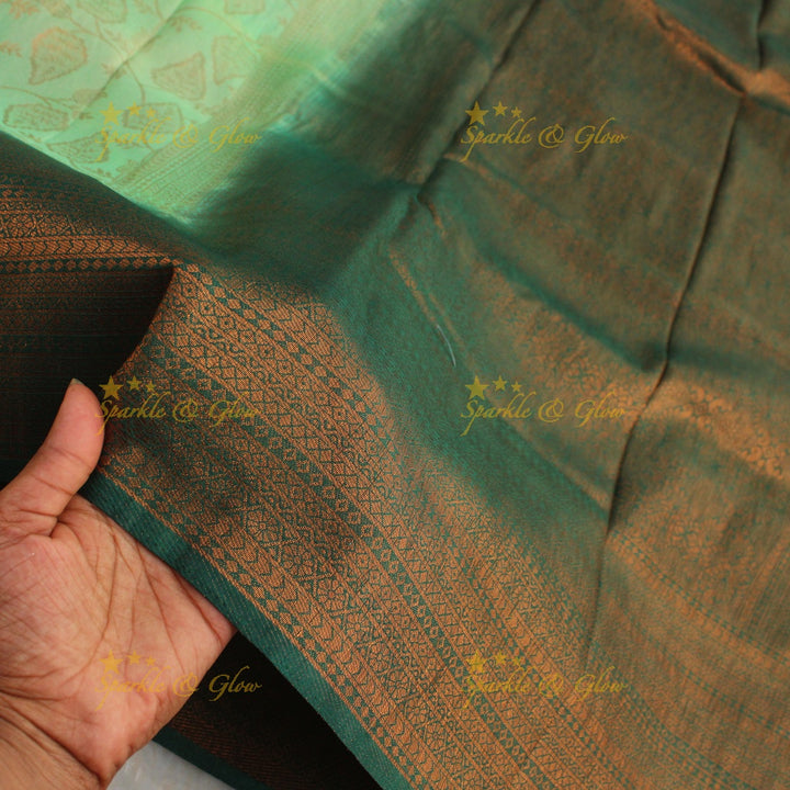 Pretty leaf printed light green with dark green border kubera pattu soft silk saree - Light green