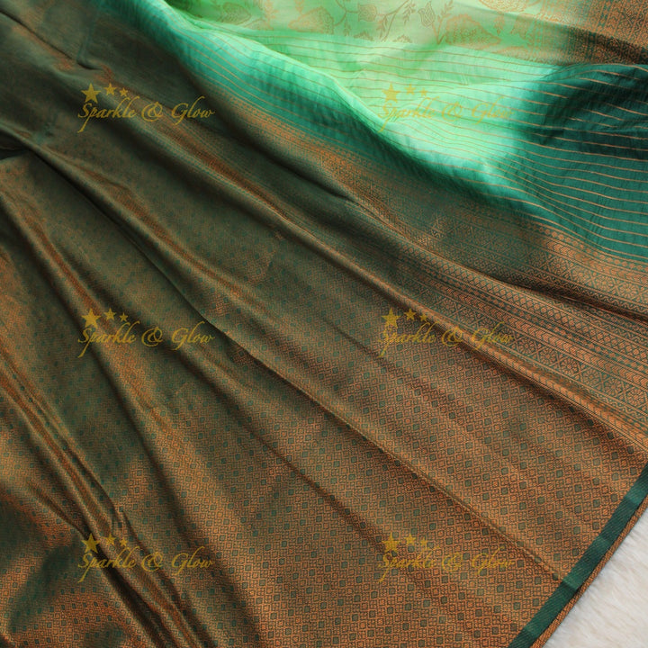 Pretty leaf printed light green with dark green border kubera pattu soft silk saree - Light green