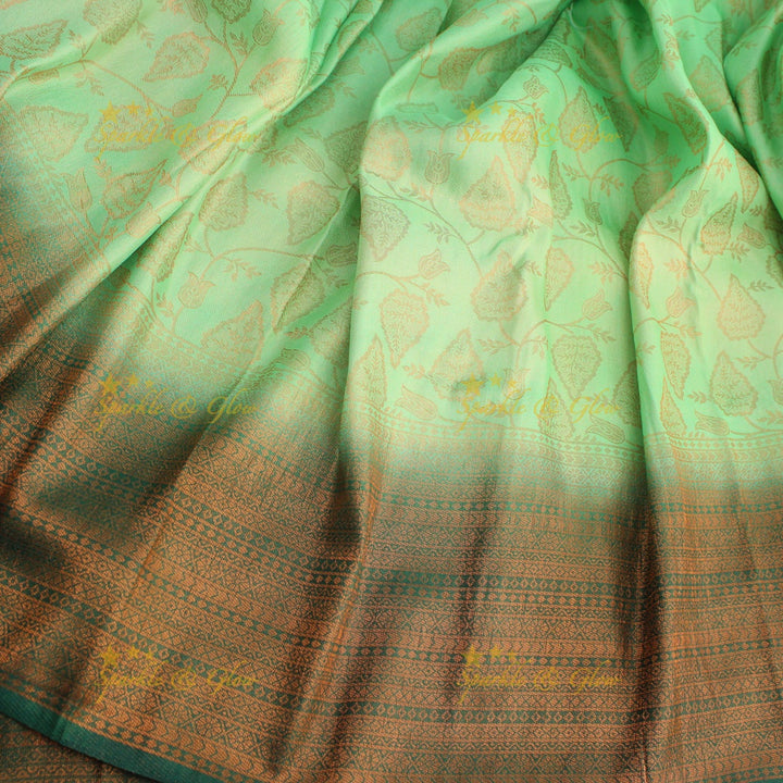 Pretty leaf printed light green with dark green border kubera pattu soft silk saree - Light green