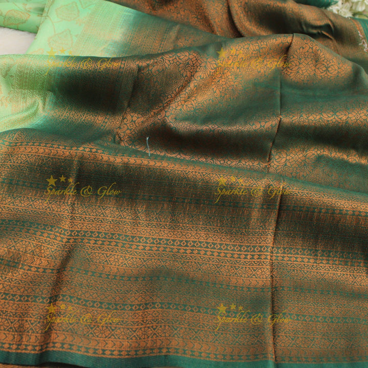 Pretty leaf printed light green with dark green border kubera pattu soft silk saree - Light green