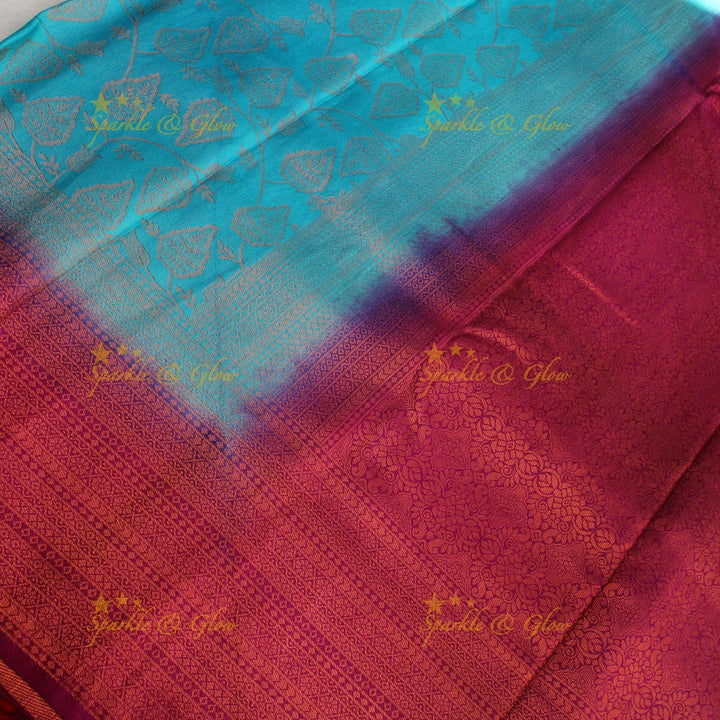 Pretty leaf printed light green with dark green border kubera pattu soft silk saree - Light green