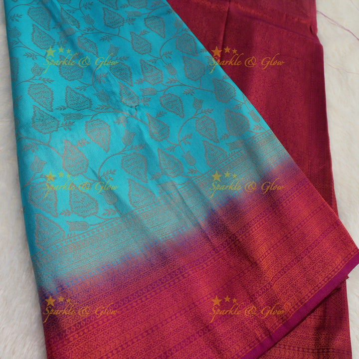 Pretty leaf printed light green with dark green border kubera pattu soft silk saree - Light green