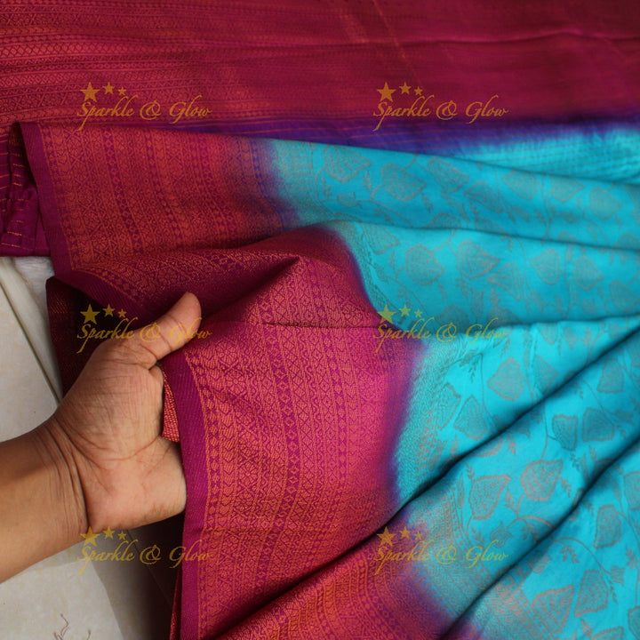 Pretty leaf printed light green with dark green border kubera pattu soft silk saree - Light green