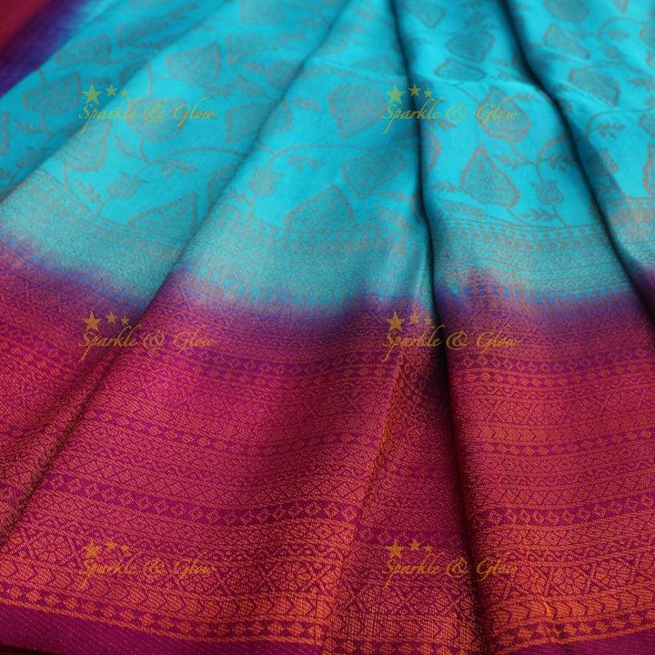 Pretty leaf printed light green with dark green border kubera pattu soft silk saree - Light green