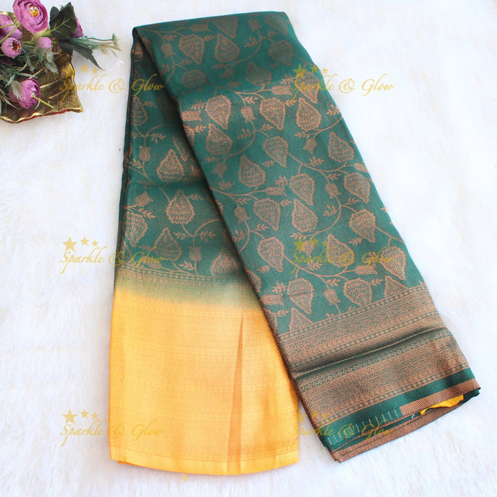 Pretty leaf printed light green with dark green border kubera pattu soft silk saree - Light green