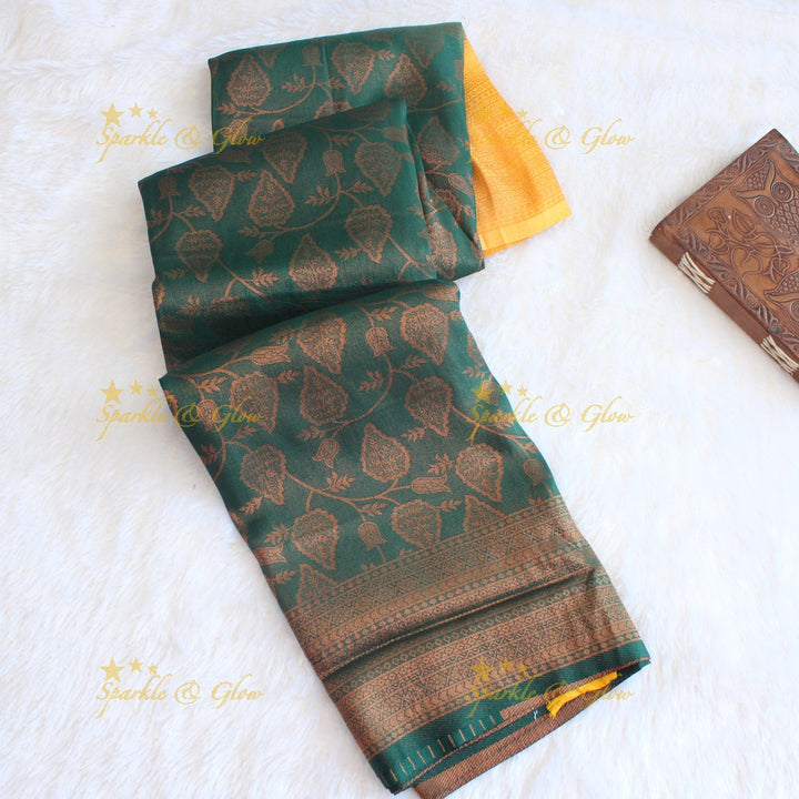 Pretty leaf printed light green with dark green border kubera pattu soft silk saree - Light green