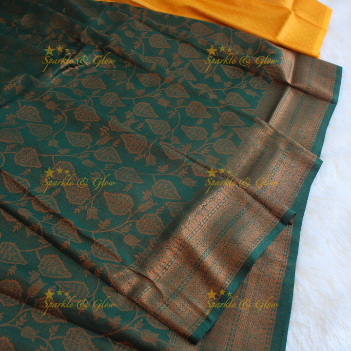 Pretty leaf printed light green with dark green border kubera pattu soft silk saree - Light green