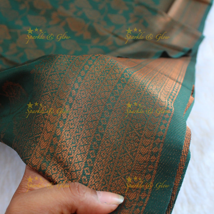 Pretty leaf printed light green with dark green border kubera pattu soft silk saree - Light green