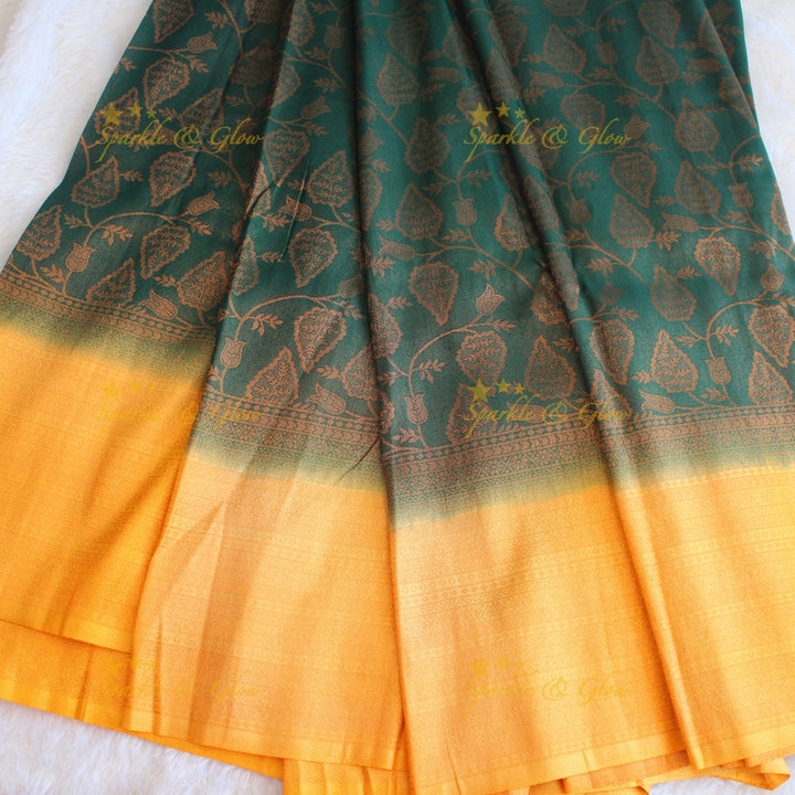 Pretty leaf printed light green with dark green border kubera pattu soft silk saree - Light green