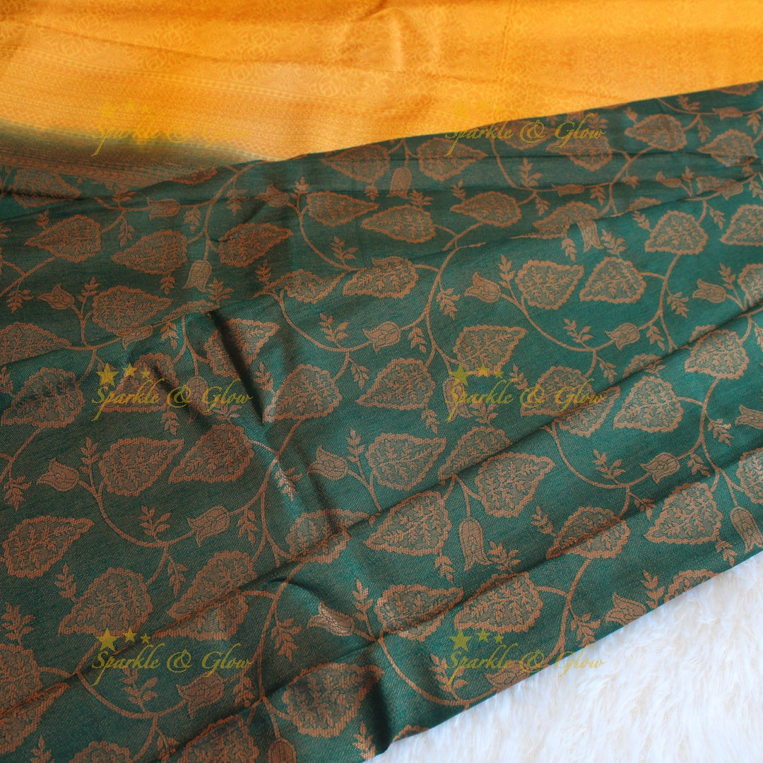 Pretty leaf printed light green with dark green border kubera pattu soft silk saree - Light green