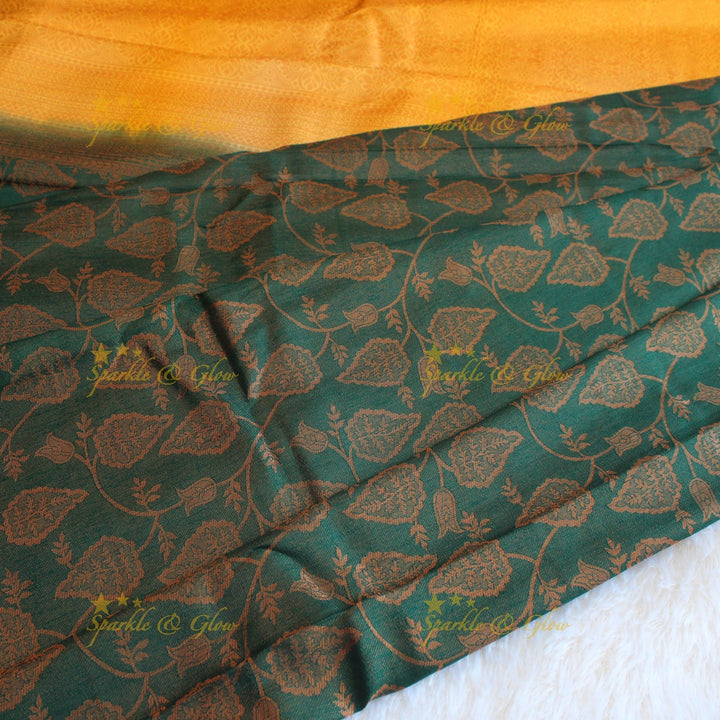 Pretty leaf printed light green with dark green border kubera pattu soft silk saree - Light green