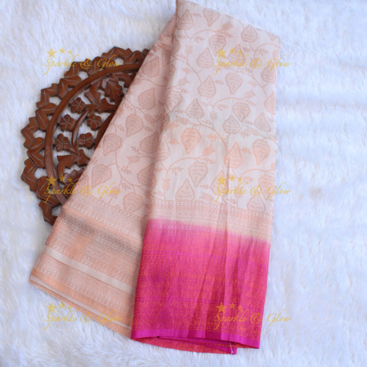 Pretty leaf printed light green with dark green border kubera pattu soft silk saree - Light green