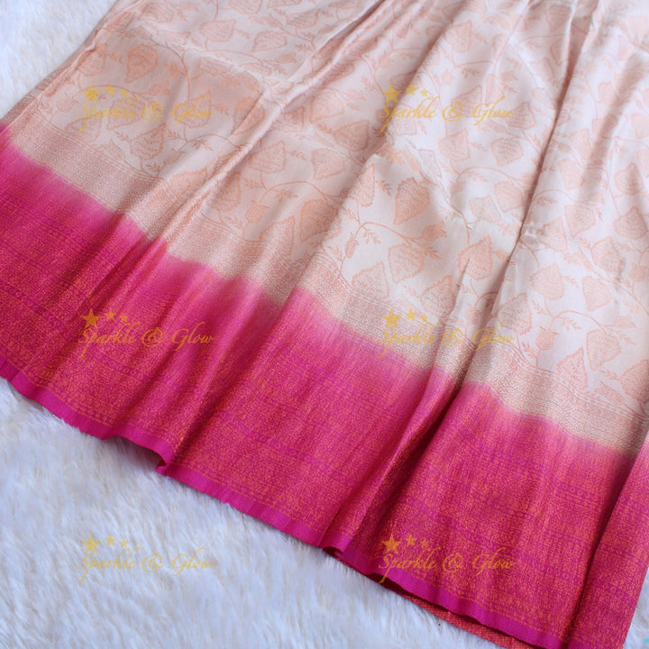 Pretty leaf printed light green with dark green border kubera pattu soft silk saree - Light green
