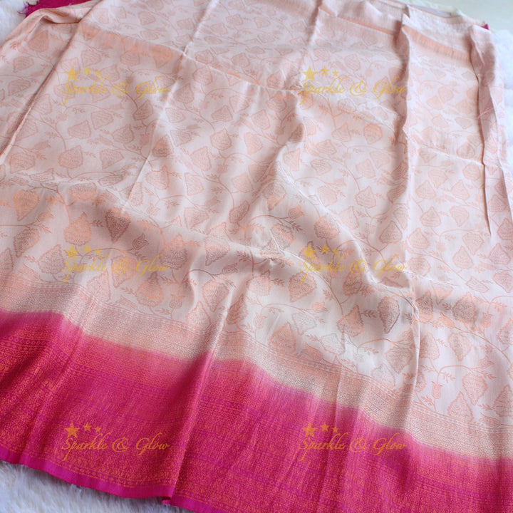 Pretty leaf printed light green with dark green border kubera pattu soft silk saree - Light green
