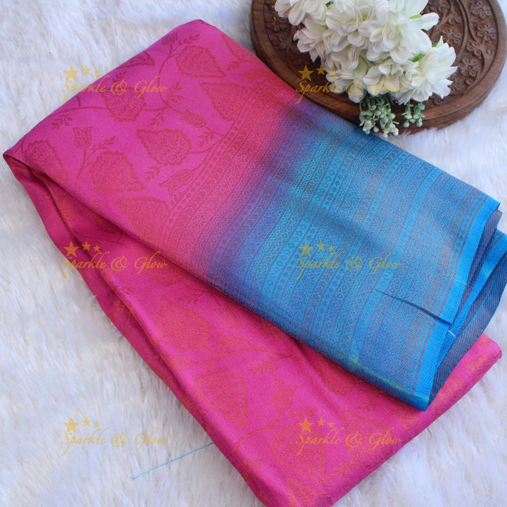Pretty leaf printed light green with dark green border kubera pattu soft silk saree - Light green