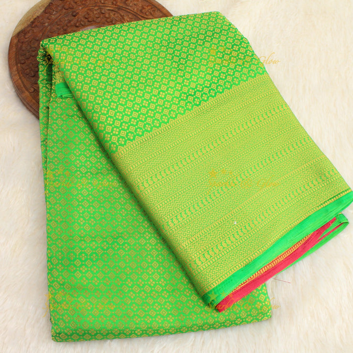 Beautiful parrot green colour with orange pallu kubera pattu soft silk saree with blouse piece - Parrot green
