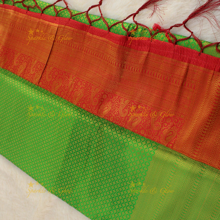 Beautiful parrot green colour with orange pallu kubera pattu soft silk saree with blouse piece - Parrot green