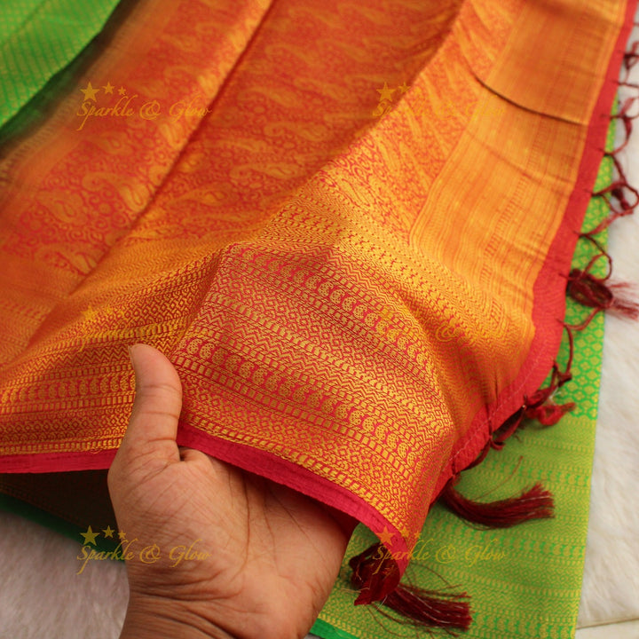 Beautiful parrot green colour with orange pallu kubera pattu soft silk saree with blouse piece - Parrot green