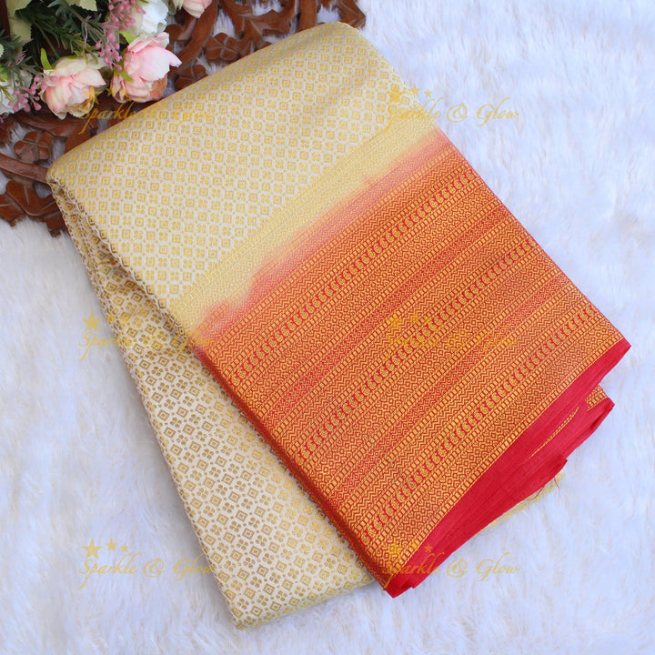 Beautiful parrot green colour with orange pallu kubera pattu soft silk saree with blouse piece - Parrot green