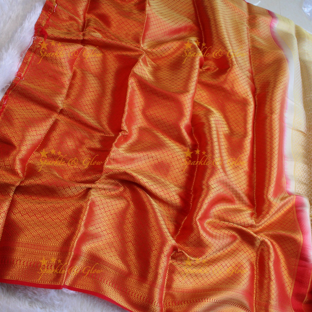 Beautiful parrot green colour with orange pallu kubera pattu soft silk saree with blouse piece - Parrot green