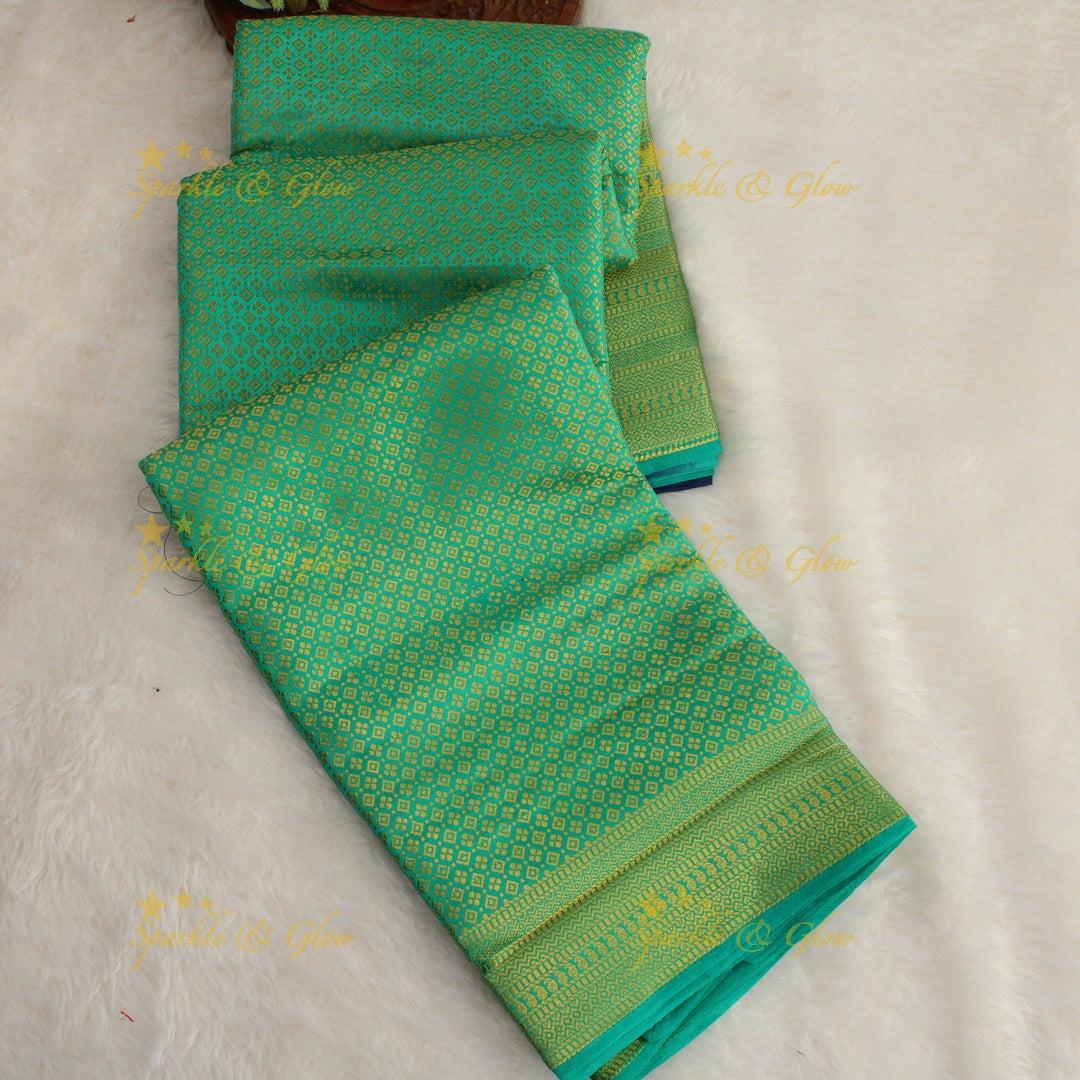 Beautiful parrot green colour with orange pallu kubera pattu soft silk saree with blouse piece - Parrot green